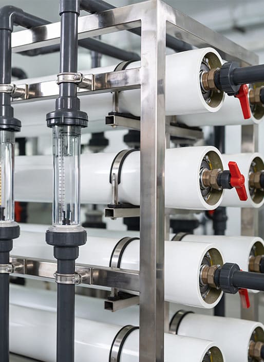 Close-up of industrial machinery with red levers and a glass measuring beaker on the side