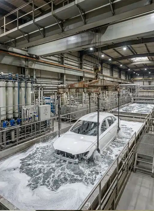 A white car is submerged in a foamy liquid during an industrial cleaning process inside a factory.