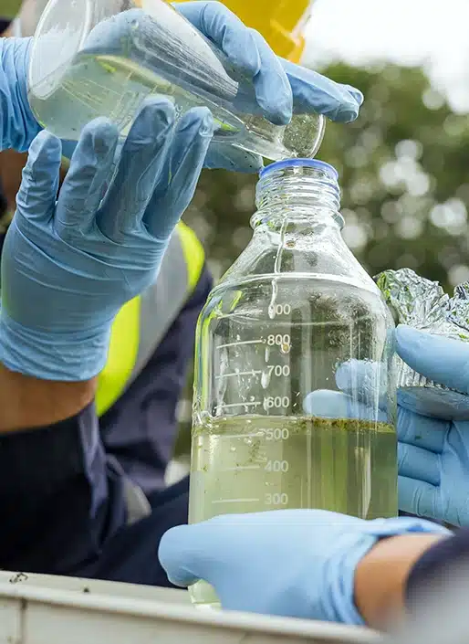 Gloves, hands holding a beaker pouring into a metal bottle