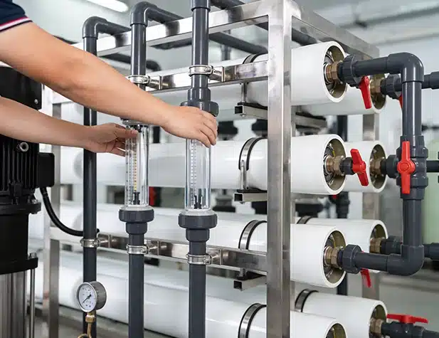 Hands adjust a flow meter surrounded by white pipes, indicating a technical or industrial setting.