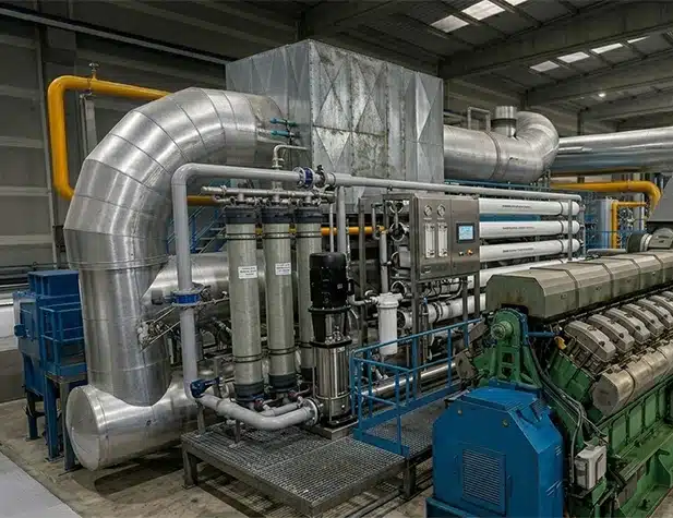 A complex industrial facility with large silver pipes, filtration units, and control panels.