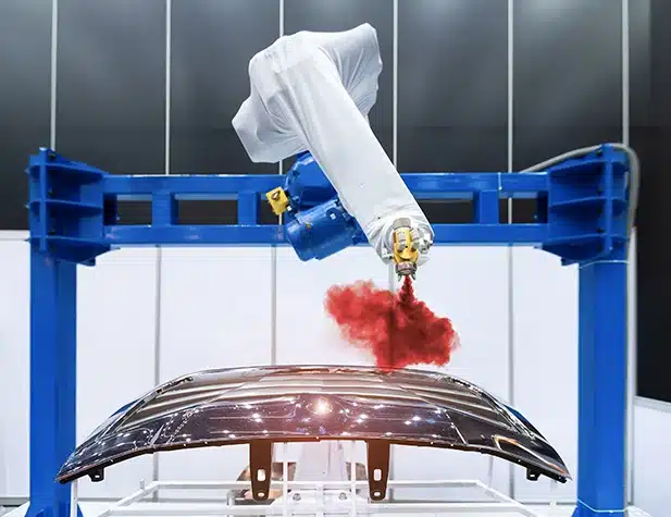 Red paint coming out of a robotic sprayer as it coats a piece of a car