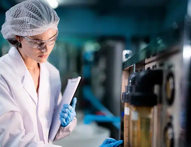Femme en blouse de laboratoire, portant des lunettes de protection et des gants, tenant un bloc-notes et observant attentivement un équipement