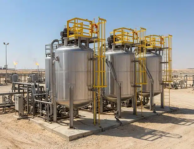 three lareg tanks with yellow ladders on the side