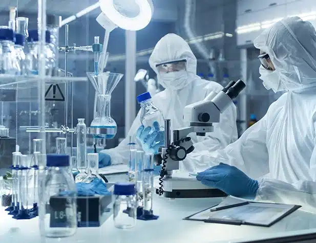 Personnes dans un laboratoire de recherche, vêtues d'une tenue de protection, de gants, d'un masque et de lunettes de sécurité, tenant un bécher avec un microscope devant elles