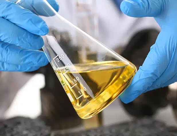 Yellow liquid in a glass beaker with gloved hands tilting the beaker