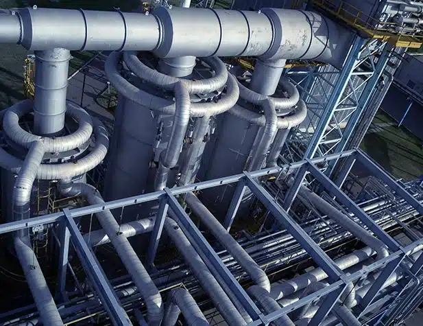 Aerial view of an industrial facility with large silver pipes and cylindrical structures.