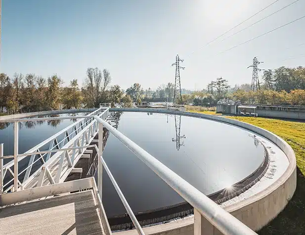 Réservoir d'eau avec de la végétation et des arbres en arrière-plan