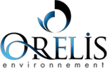 Logo d'entreprise d'Orelis Environment, composé d'éléments graphiques circulaires bleus et noirs.