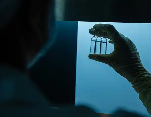A glove hand holding three small beakers of liquid
