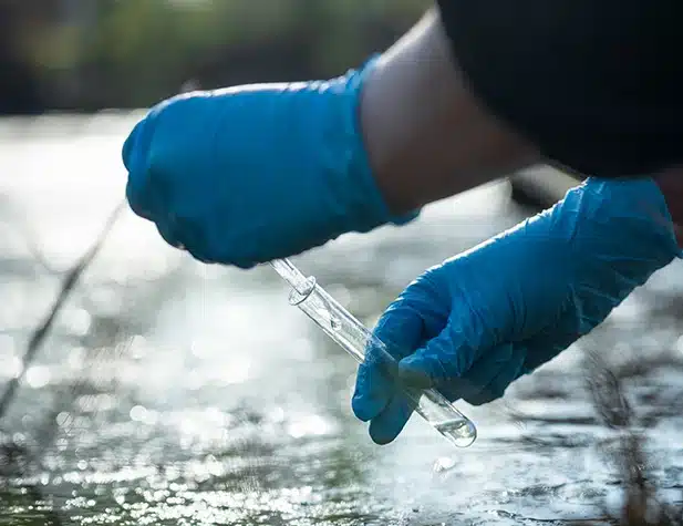 Gloved hands collecting a water sample and placing it into a clear glass tube