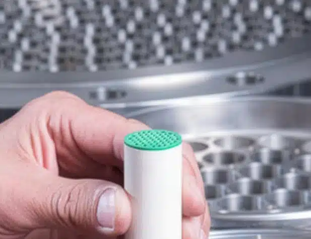 Hand holding a cylinder filter, with metal molds in the background.