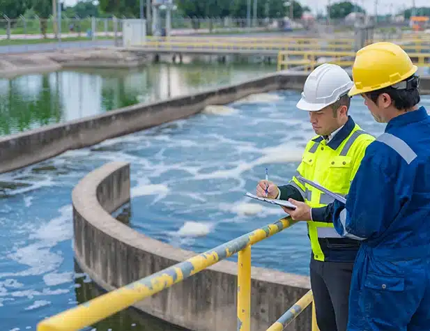 Two engineers in safety gear inspect wastewater treatment facilities, standing by aeration tanks with foaming water, clipboard in hand.