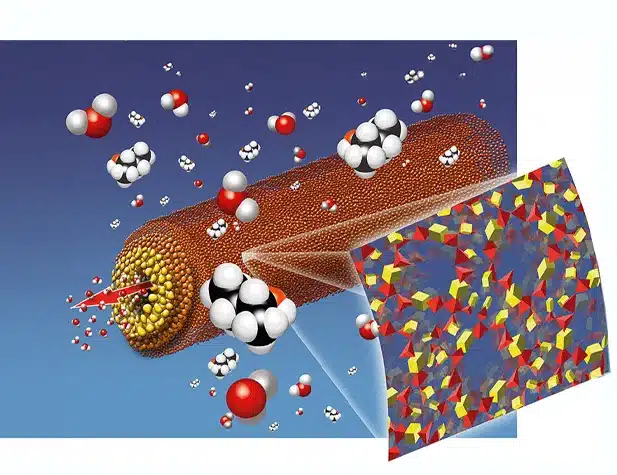The image depicts a scientific illustration of molecules interacting with a cylindrical, textured surface against a blue background.