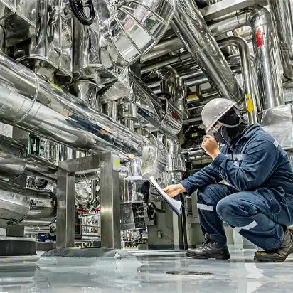 Dans une usine, un ouvrier vêtu d'un équipement de sécurité inspecte des tuyaux métalliques complexes et brillants, un bloc-notes à la main.