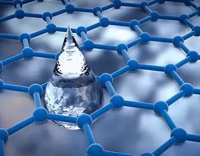 A digital rendering of a water droplet on a graphene lattice. The blue hexagonal pattern represents graphene's structure, highlighting its molecular precision.
